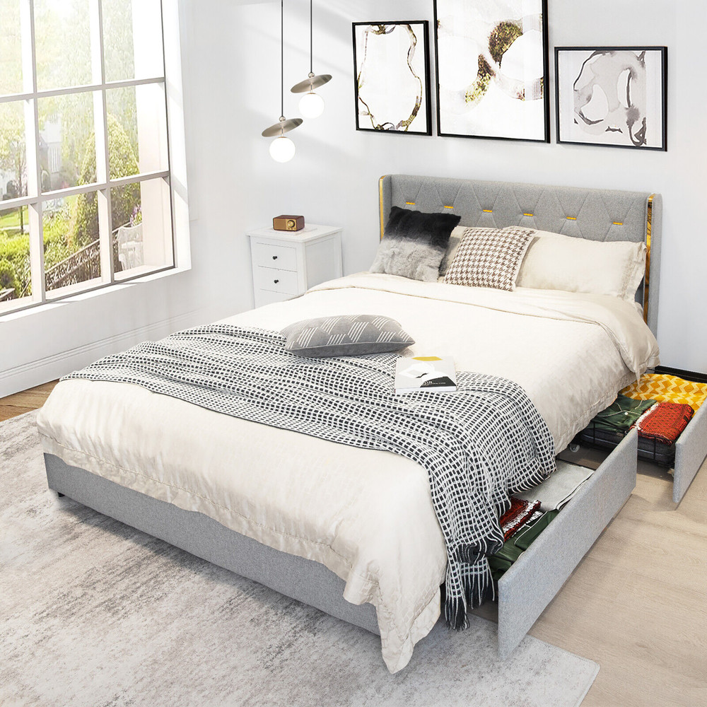 Full/Queen Size Platform Bed Frame with 4 Storage Drawers & High Headboard Mattress Foundation
