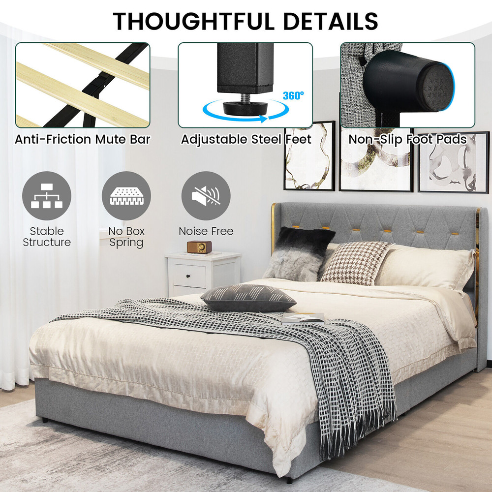 Full/Queen Size Platform Bed Frame with 4 Storage Drawers & High Headboard Mattress Foundation