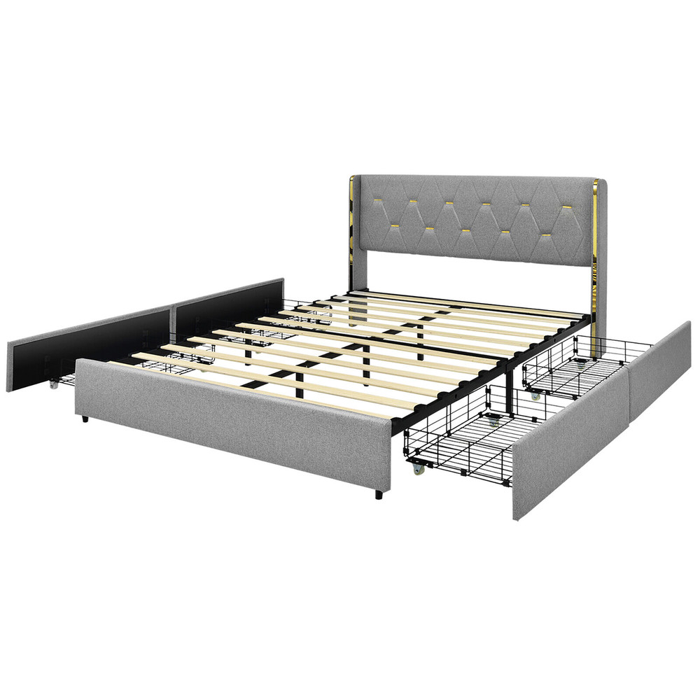 Full/Queen Size Platform Bed Frame with 4 Storage Drawers & High Headboard Mattress Foundation