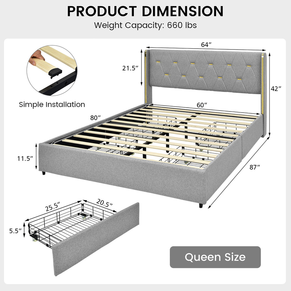 Full/Queen Size Platform Bed Frame with 4 Storage Drawers & High Headboard Mattress Foundation