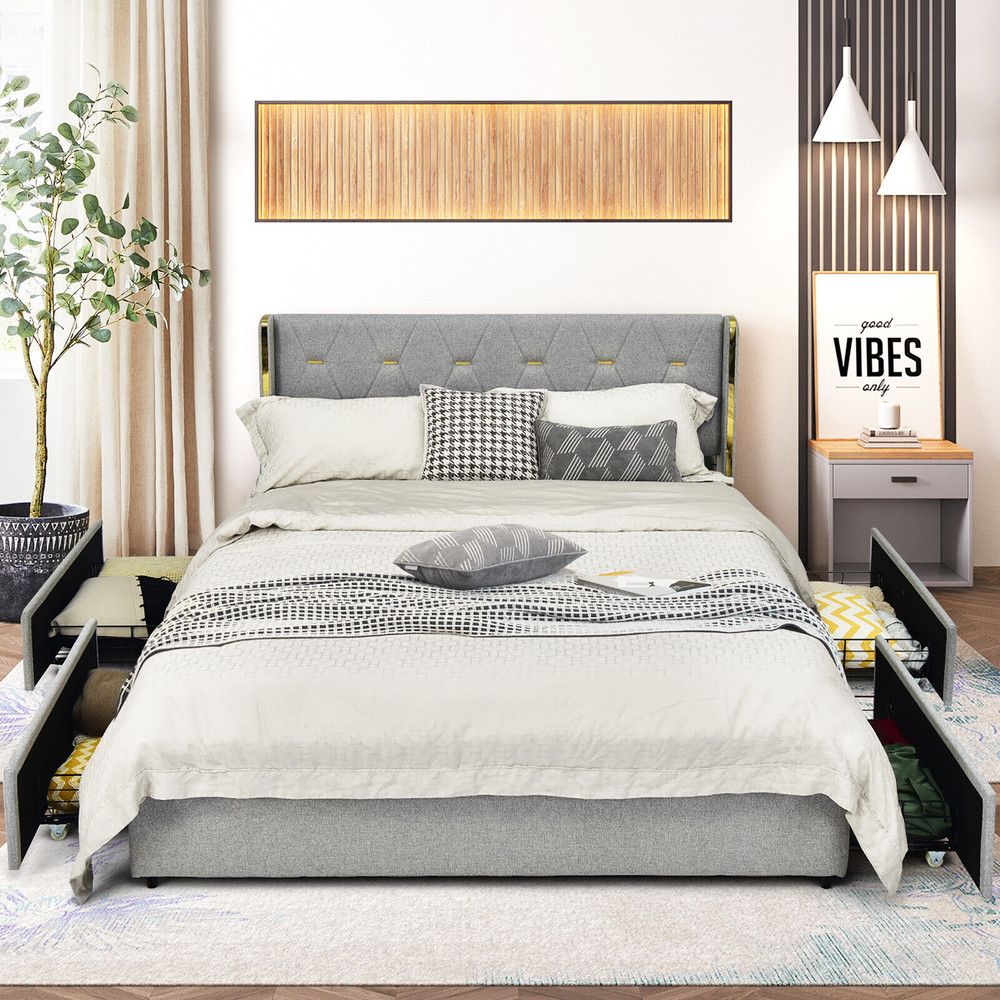 Full/Queen Size Platform Bed Frame with 4 Storage Drawers & High Headboard Mattress Foundation