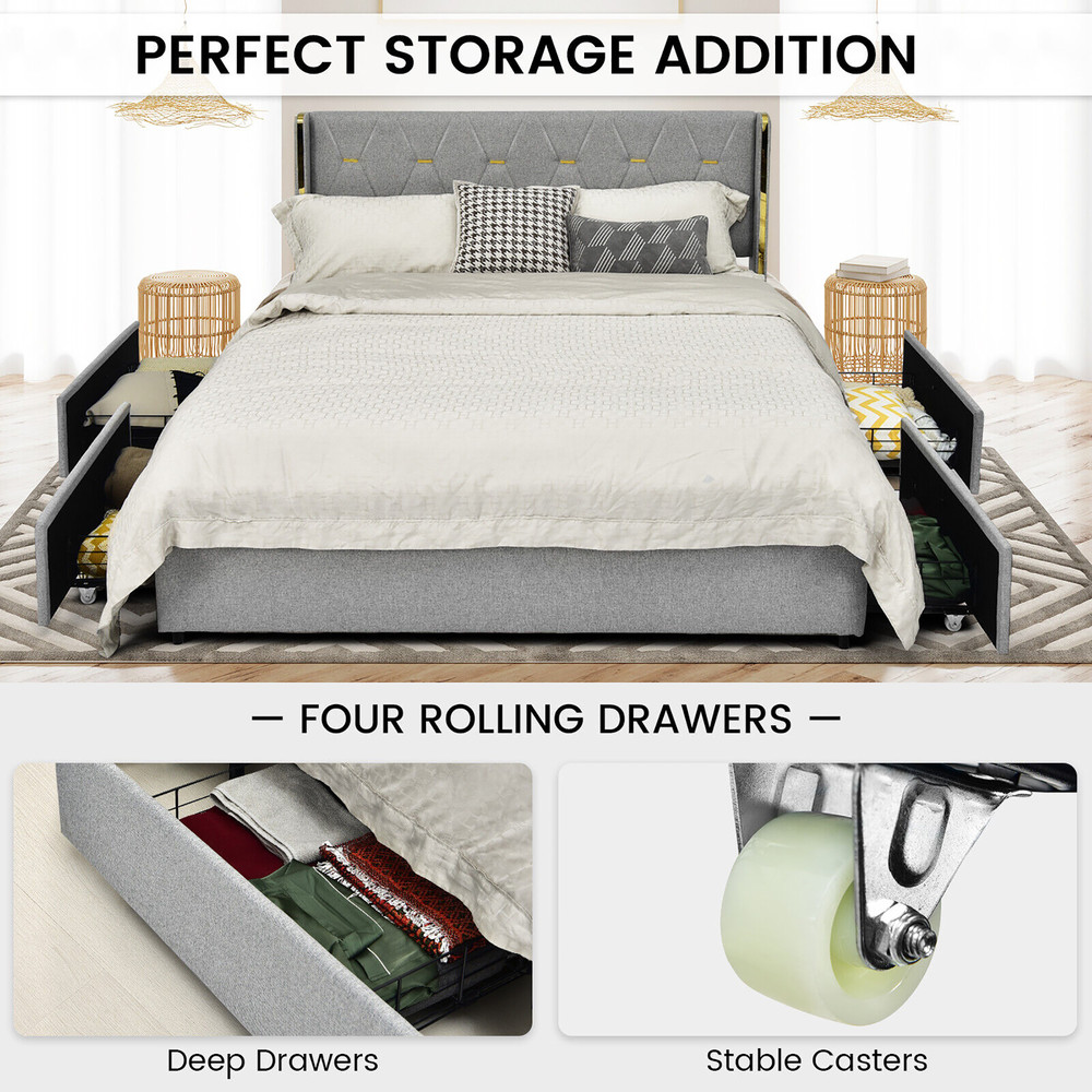 Full/Queen Size Platform Bed Frame with 4 Storage Drawers & High Headboard Mattress Foundation
