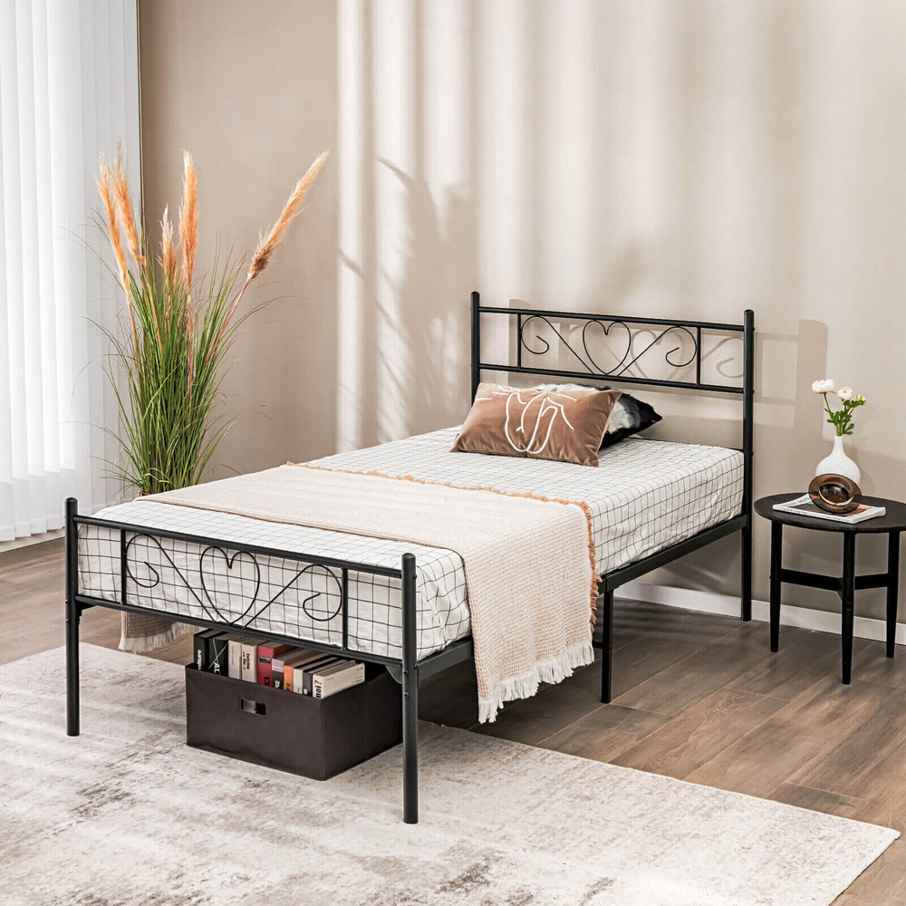 Twin XL Metal Bed Frame with Heart Shaped Headboard, 330lb Capacity Platform Bed, No Box Spring Needed