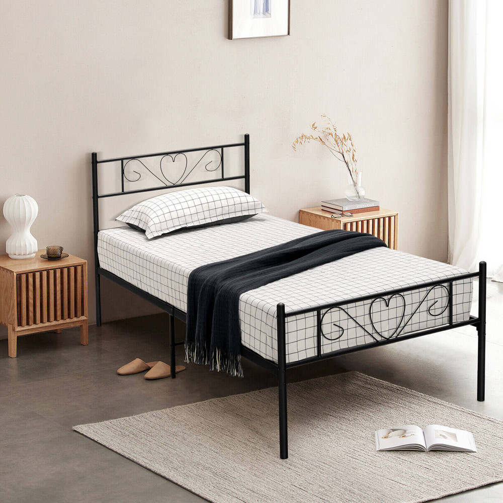 Twin XL Metal Bed Frame with Heart Shaped Headboard, 330lb Capacity Platform Bed, No Box Spring Needed