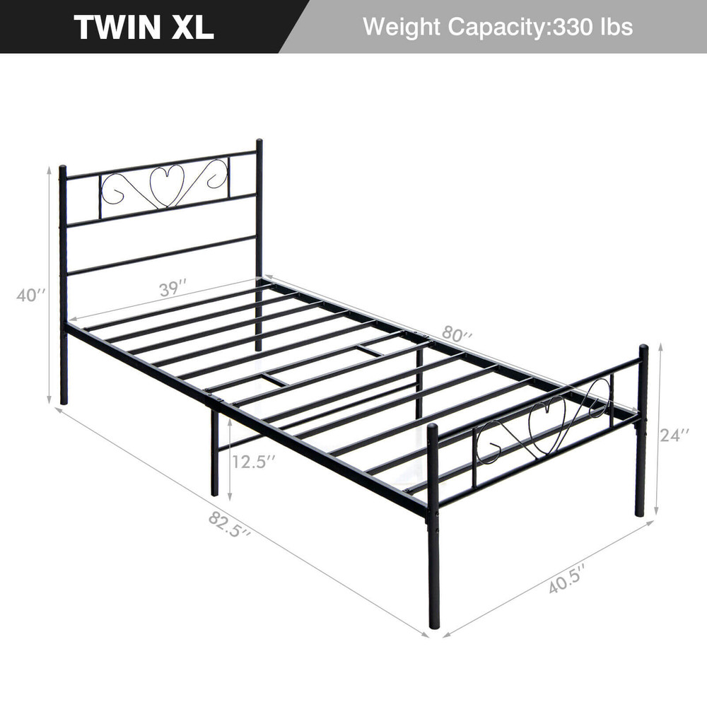 Twin XL Metal Bed Frame with Heart Shaped Headboard, 330lb Capacity Platform Bed, No Box Spring Needed