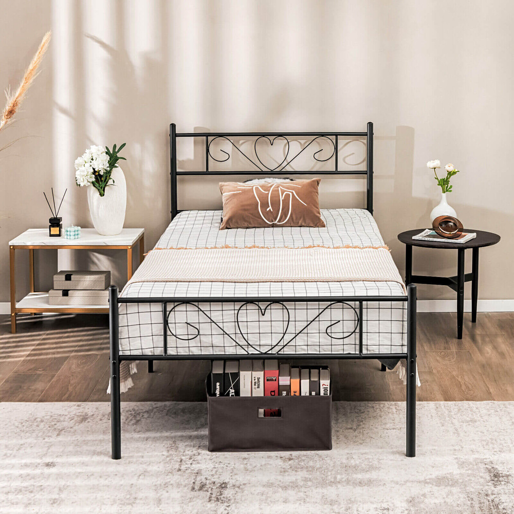 Twin XL Metal Bed Frame with Heart Shaped Headboard, 330lb Capacity Platform Bed, No Box Spring Needed