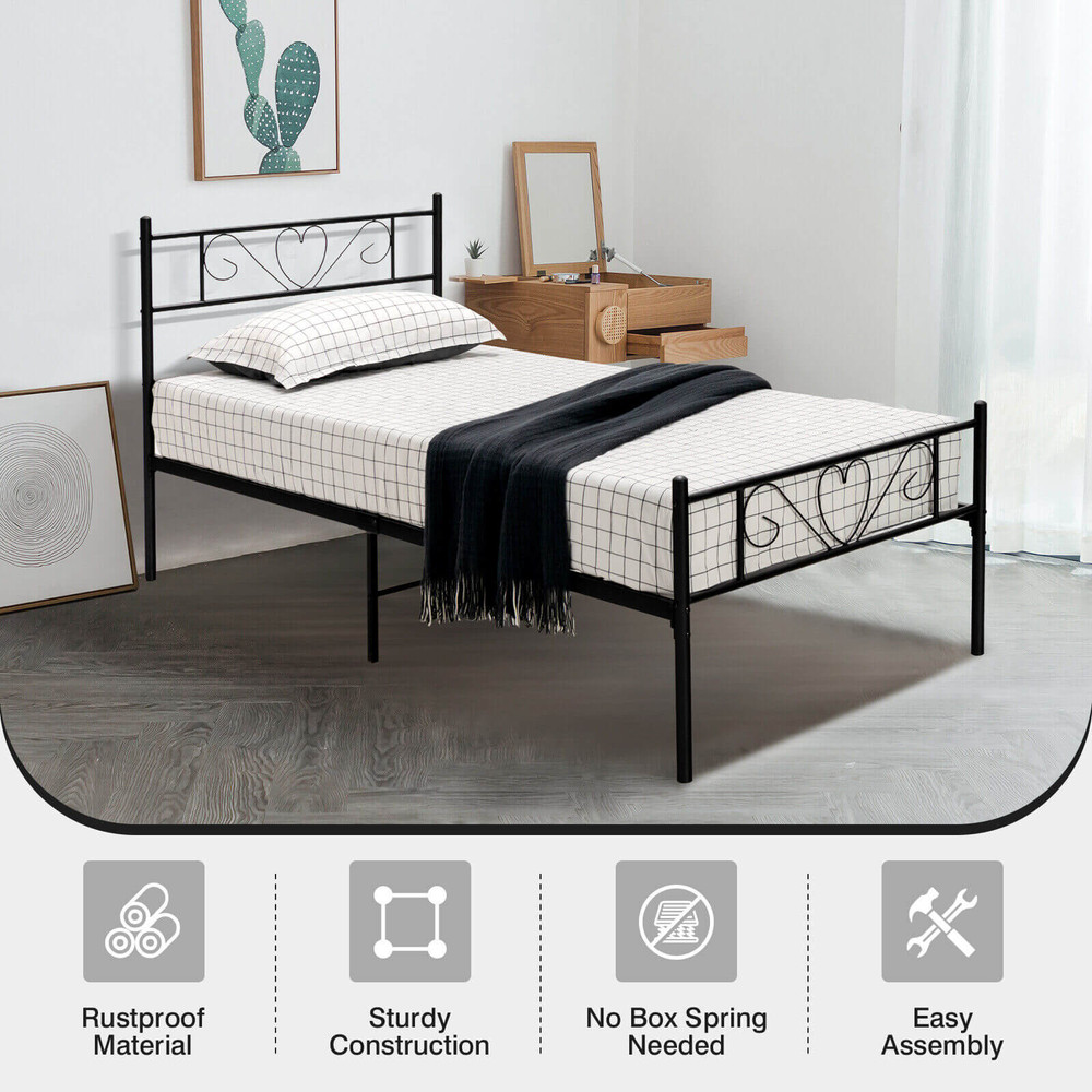 Twin XL Metal Bed Frame with Heart Shaped Headboard, 330lb Capacity Platform Bed, No Box Spring Needed
