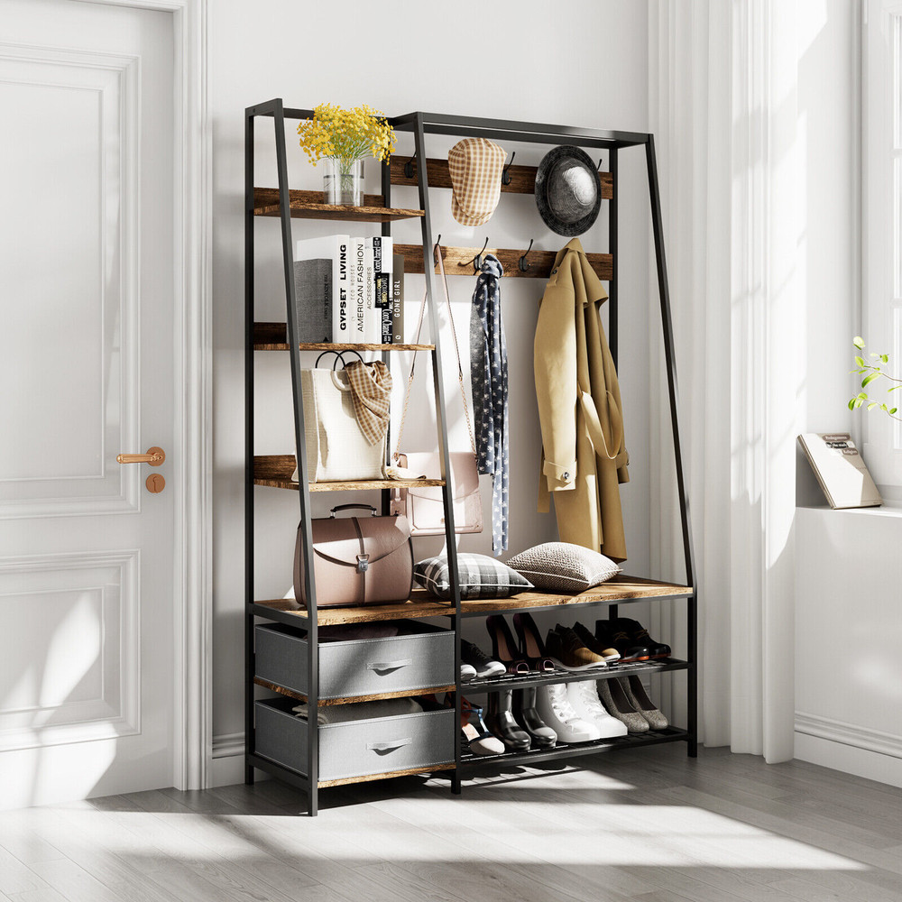 Entryway Hall Tree Coat Rack 6 in 1 Organizer with Bench, Shoe Rack & 2 Fabric Dressers for Entry Storage