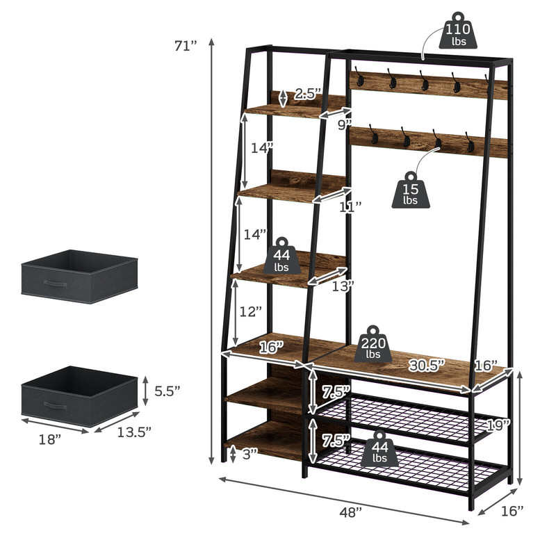 Entryway Hall Tree Coat Rack 6 in 1 Organizer with Bench, Shoe Rack & 2 Fabric Dressers for Entry Storage
