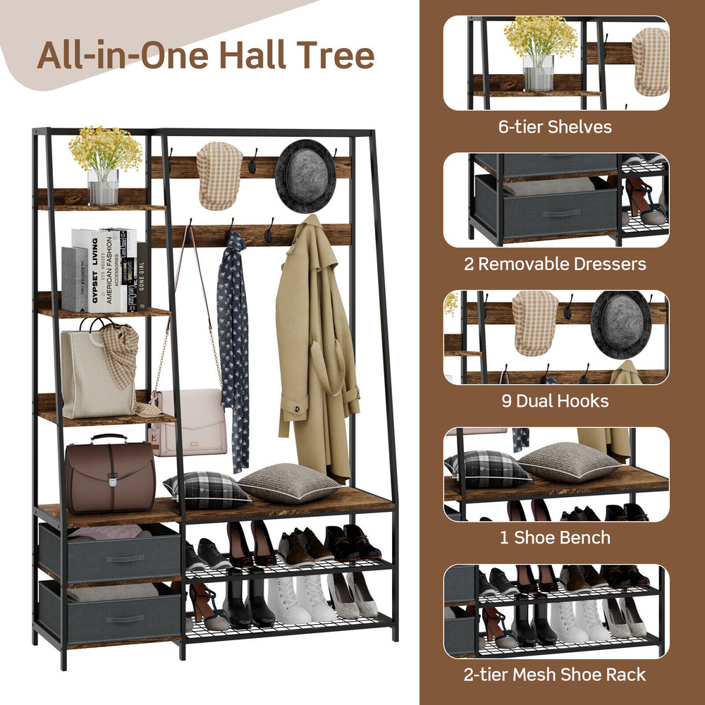 Entryway Hall Tree Coat Rack 6 in 1 Organizer with Bench, Shoe Rack & 2 Fabric Dressers for Entry Storage