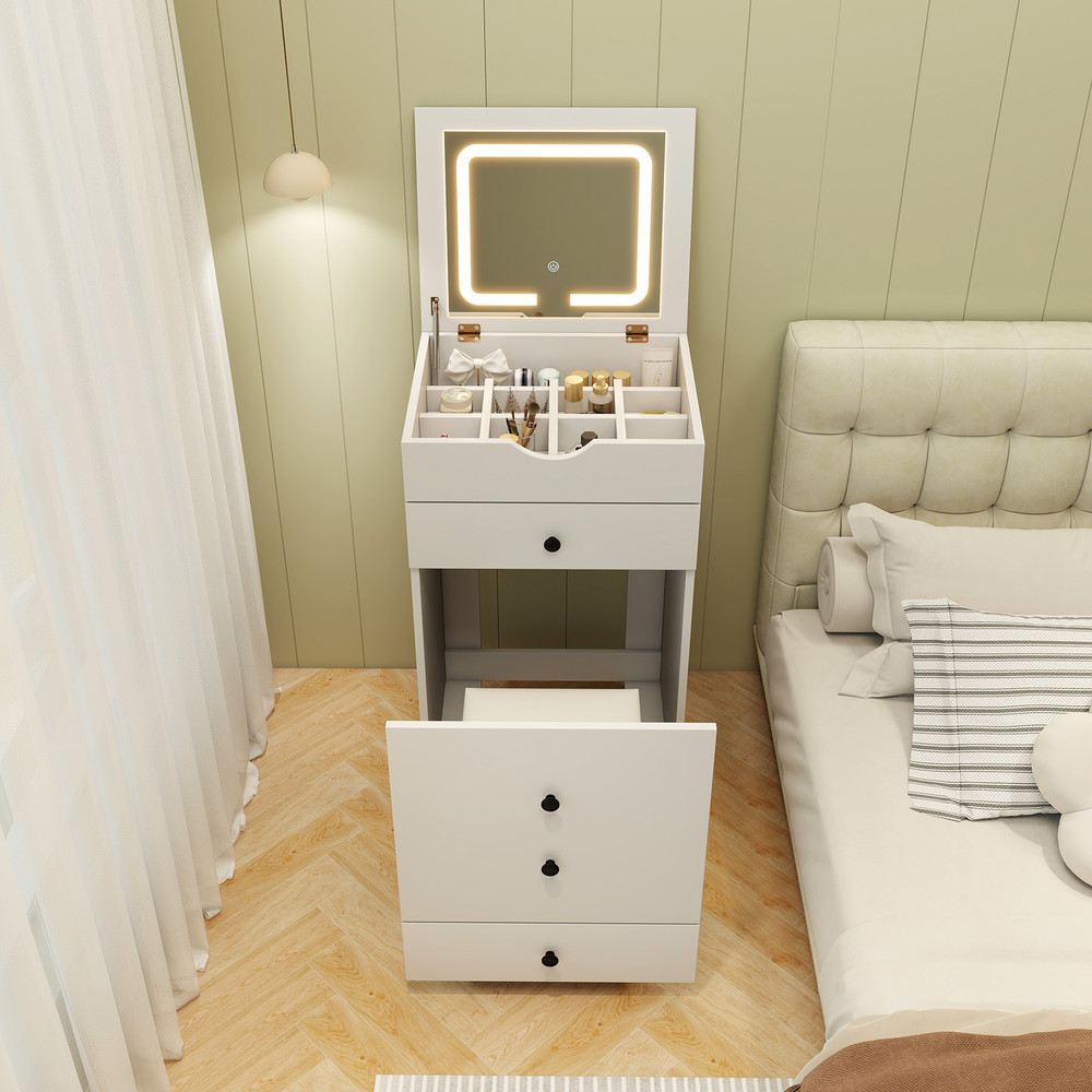 3 in 1 Vanity Set with Flip-Up Mirror & Stool, Adjustable LED Lighting, Storage Drawers & Space Saving Design