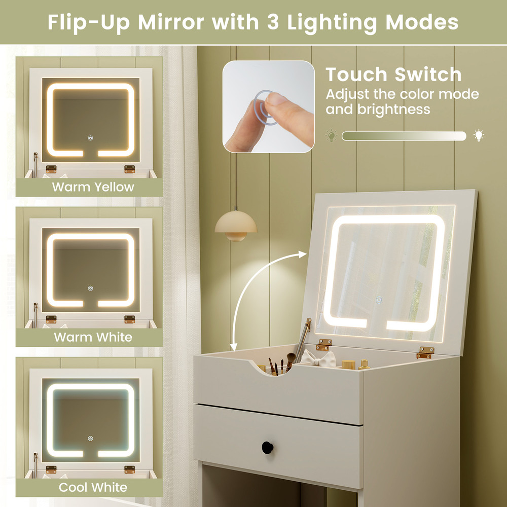 3 in 1 Vanity Set with Flip-Up Mirror & Stool, Adjustable LED Lighting, Storage Drawers & Space Saving Design