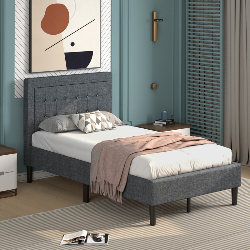 Twin Size Upholstered Bed Frame with Button Tufted Headboard Modern & Supportive Design