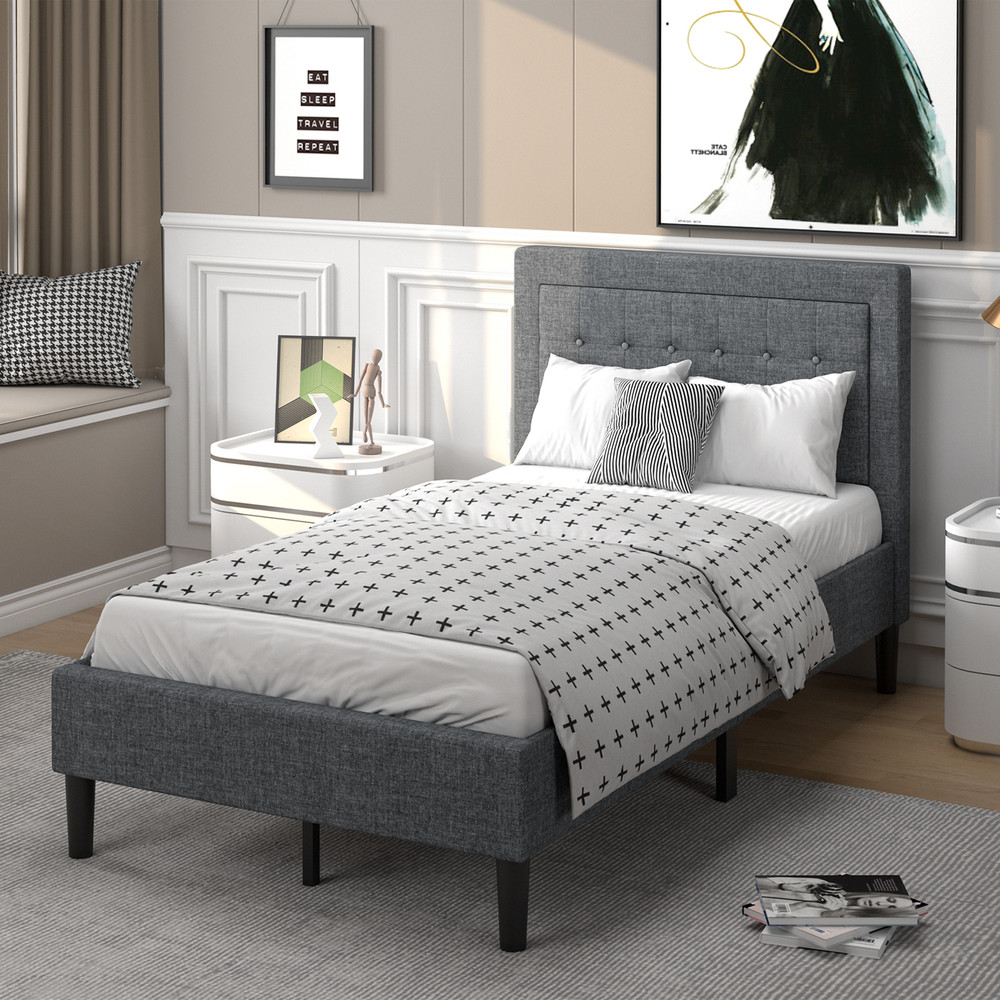 Twin Size Upholstered Bed Frame with Button Tufted Headboard Modern & Supportive Design