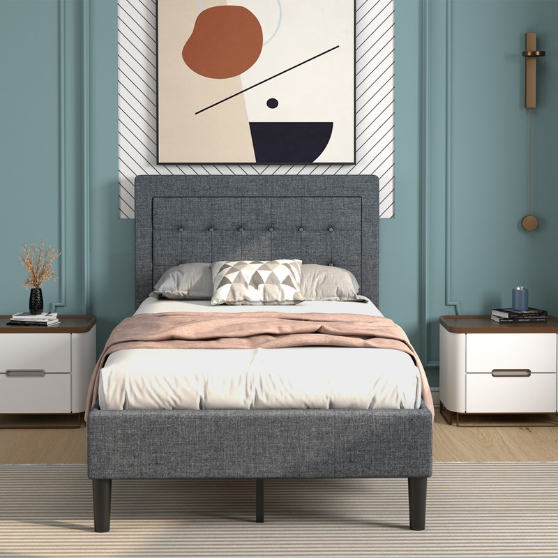 Twin Size Upholstered Bed Frame with Button Tufted Headboard Modern & Supportive Design