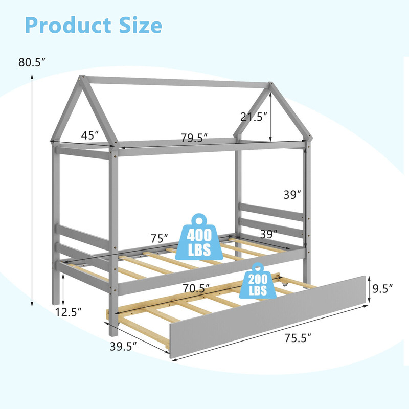 Kids Platform Bed Frame with Roof for Bedroom Twin Size with Trundle