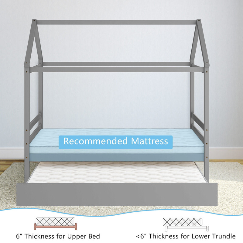 Kids Platform Bed Frame with Roof for Bedroom Twin Size with Trundle