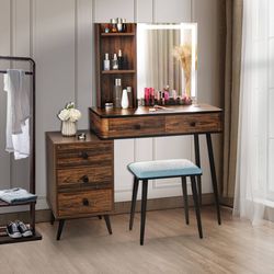 vanity makeup table set with lighted mirror, 3-drawer dressing table & stool
