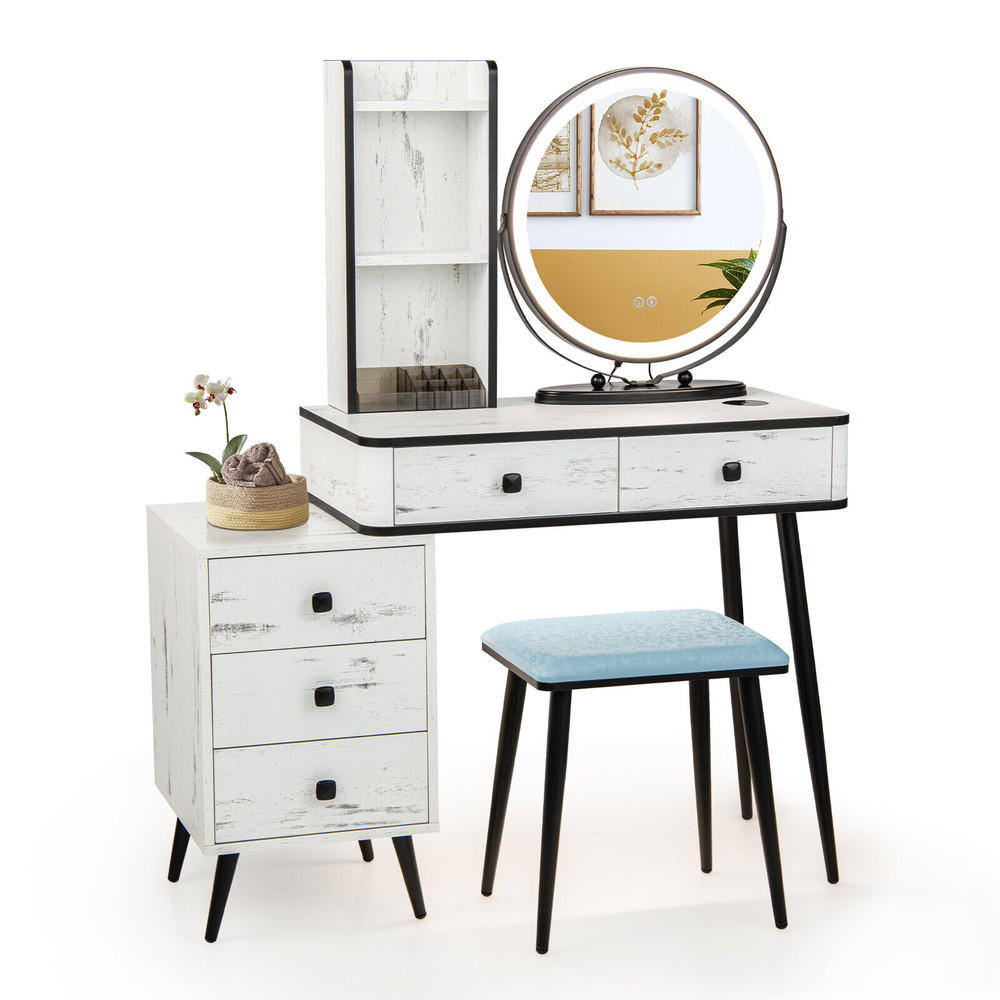 Vanity Table Set With 3Color Lighted Mirror Cushioned Stool Makeup Desk With Storage 2