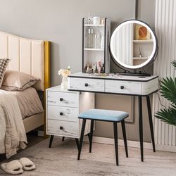 vanity table set with 3-color lighted mirror & cushioned stool, makeup desk with storage