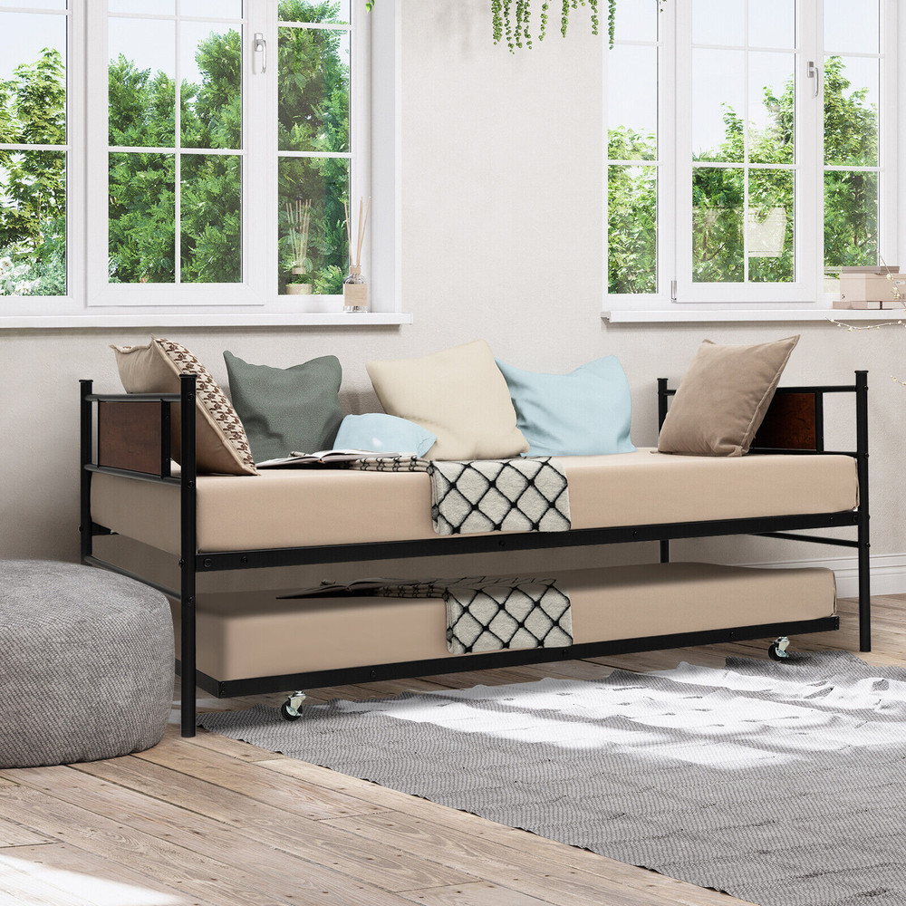 Twin Size 2 In 1 Daybed Frame with Pullout Trundle, Steel & MDF Sofa Bed
