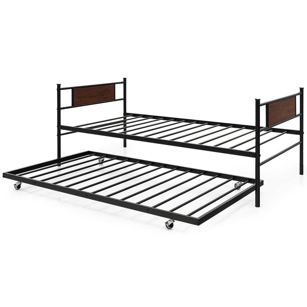 Twin Size 2 In 1 Daybed Frame with Pullout Trundle, Steel & MDF Sofa Bed
