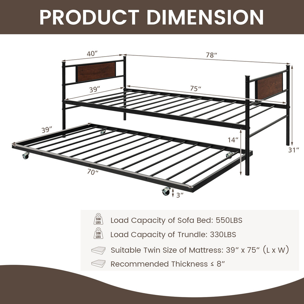 Twin Size 2 In 1 Daybed Frame with Pullout Trundle, Steel & MDF Sofa Bed