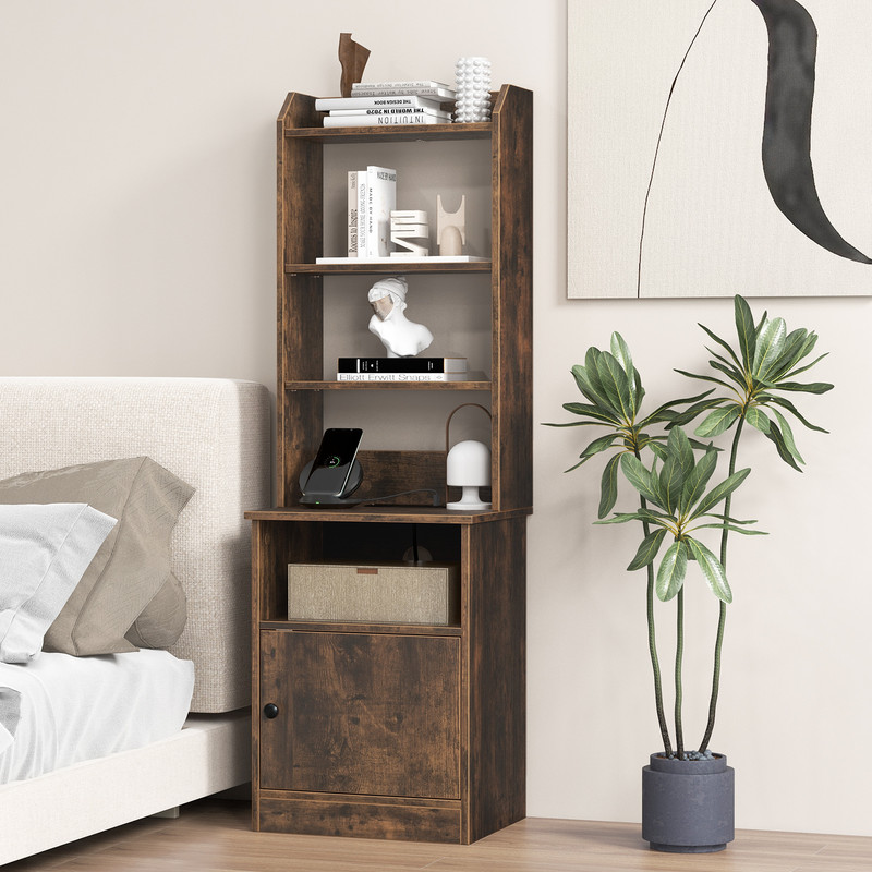 6 Tier Bookshelf Nightstand with Charging Station & Cabinet