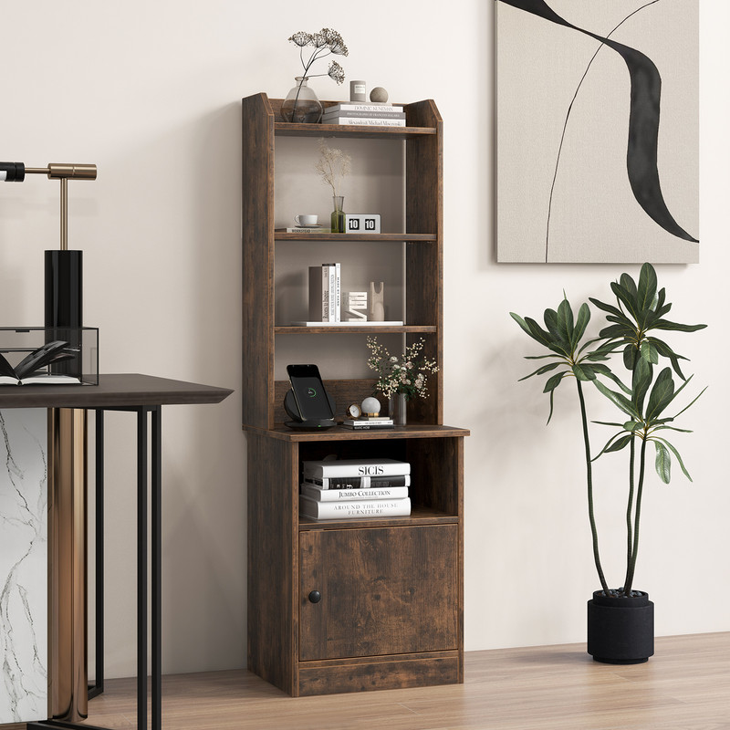 6 Tier Bookshelf Nightstand with Charging Station & Cabinet