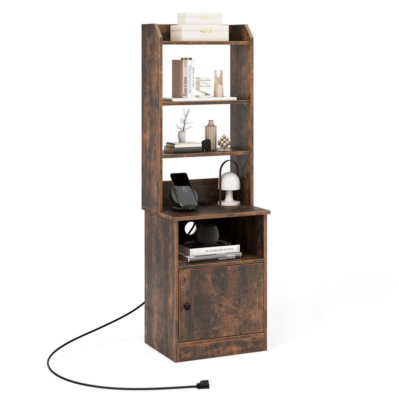 6 Tier Bookshelf Nightstand with Charging Station & Cabinet