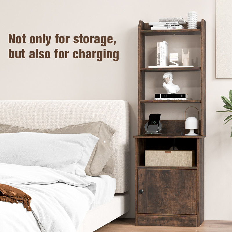 6 Tier Bookshelf Nightstand with Charging Station & Cabinet