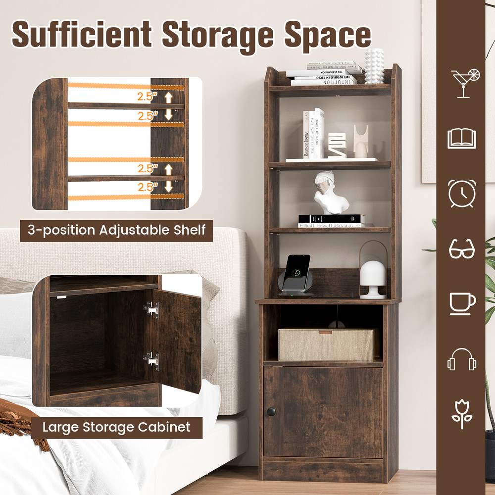 6 Tier Bookshelf Nightstand with Charging Station & Cabinet