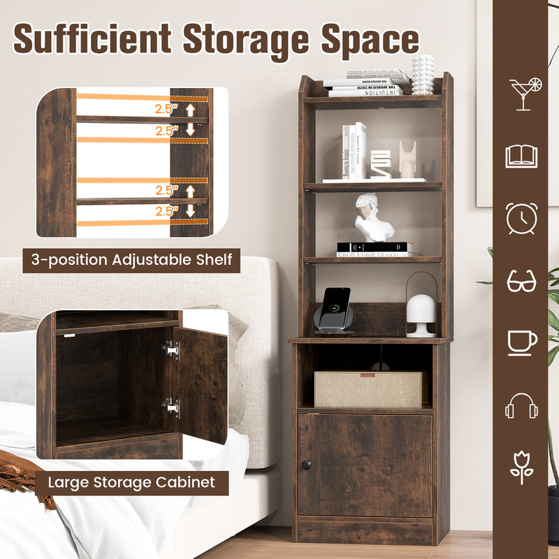6 Tier Bookshelf Nightstand with Charging Station & Cabinet