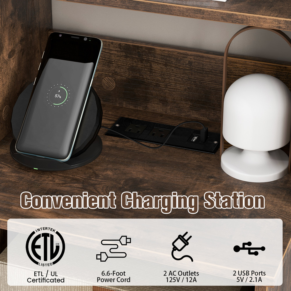 6 Tier Bookshelf Nightstand with Charging Station & Cabinet