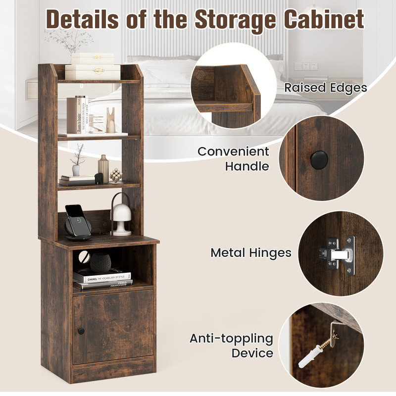 6 Tier Bookshelf Nightstand with Charging Station & Cabinet