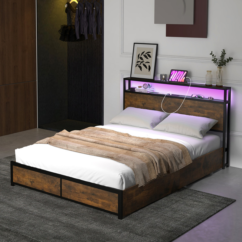 Smart LED Full Queen Size Bed Frame With Hidden Storage Drawers SpaceSaving Design 1
