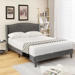 upholstered full queen platform bed frame, button-tufted headboard & sturdy design