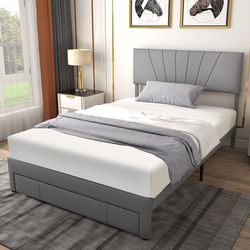 upholstered full queen bed frame, adjustable headboard & under-bed storage drawer