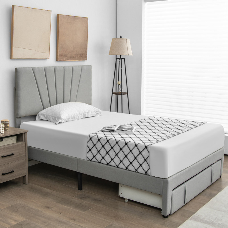Upholstered Full Queen Bed Frame Adjustable Headboard  UnderBed Storage Drawer 6