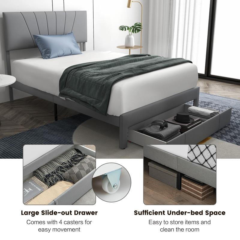Upholstered Full Queen Bed Frame Adjustable Headboard  UnderBed Storage Drawer 2