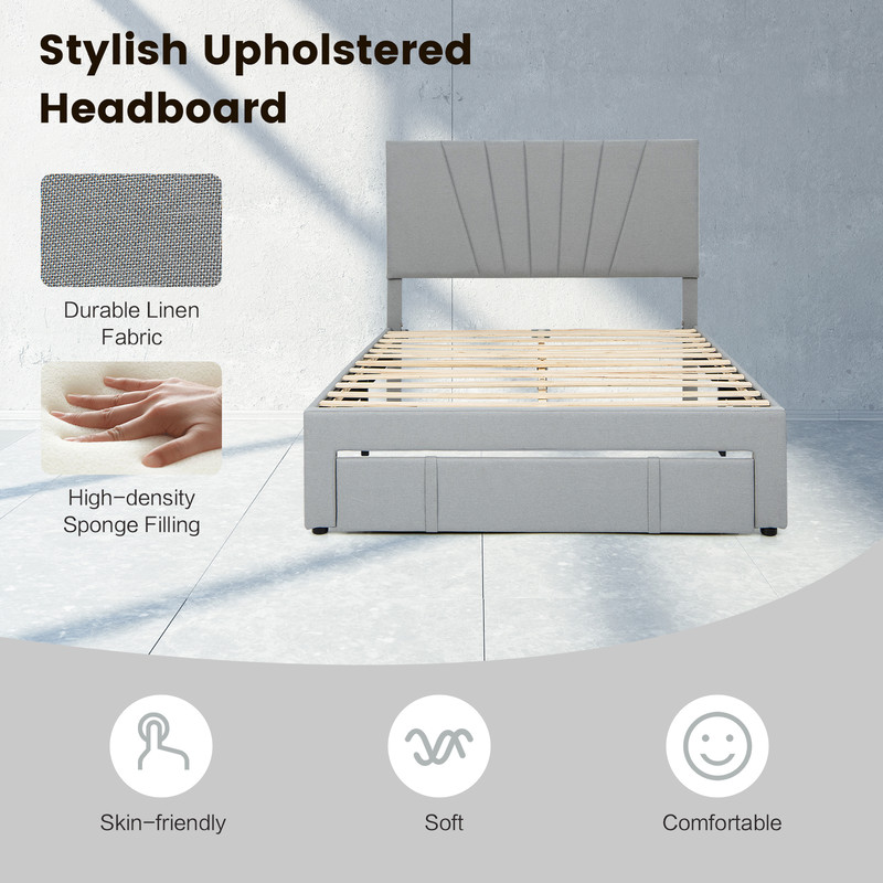 Upholstered Full Queen Bed Frame Adjustable Headboard  UnderBed Storage Drawer 7
