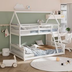 modern twin over full house bunk bed with sturdy ladder & guardrails for kids or guests