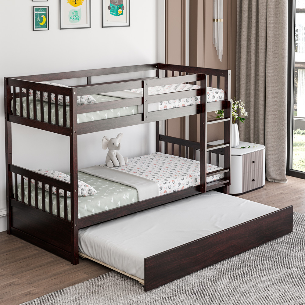 Twin Bunk Bed with Trundle Space-Saving Kids Bed with Built-In Ladder