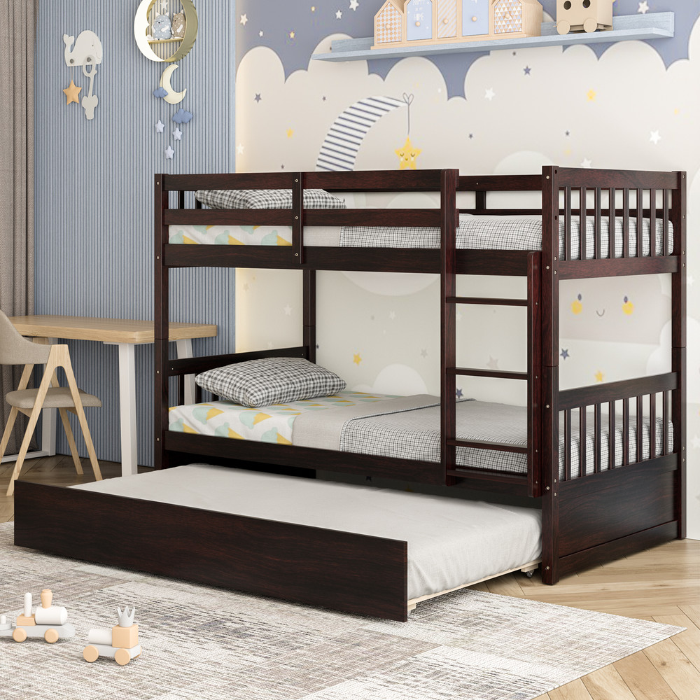 Twin Bunk Bed with Trundle Space-Saving Kids Bed with Built-In Ladder
