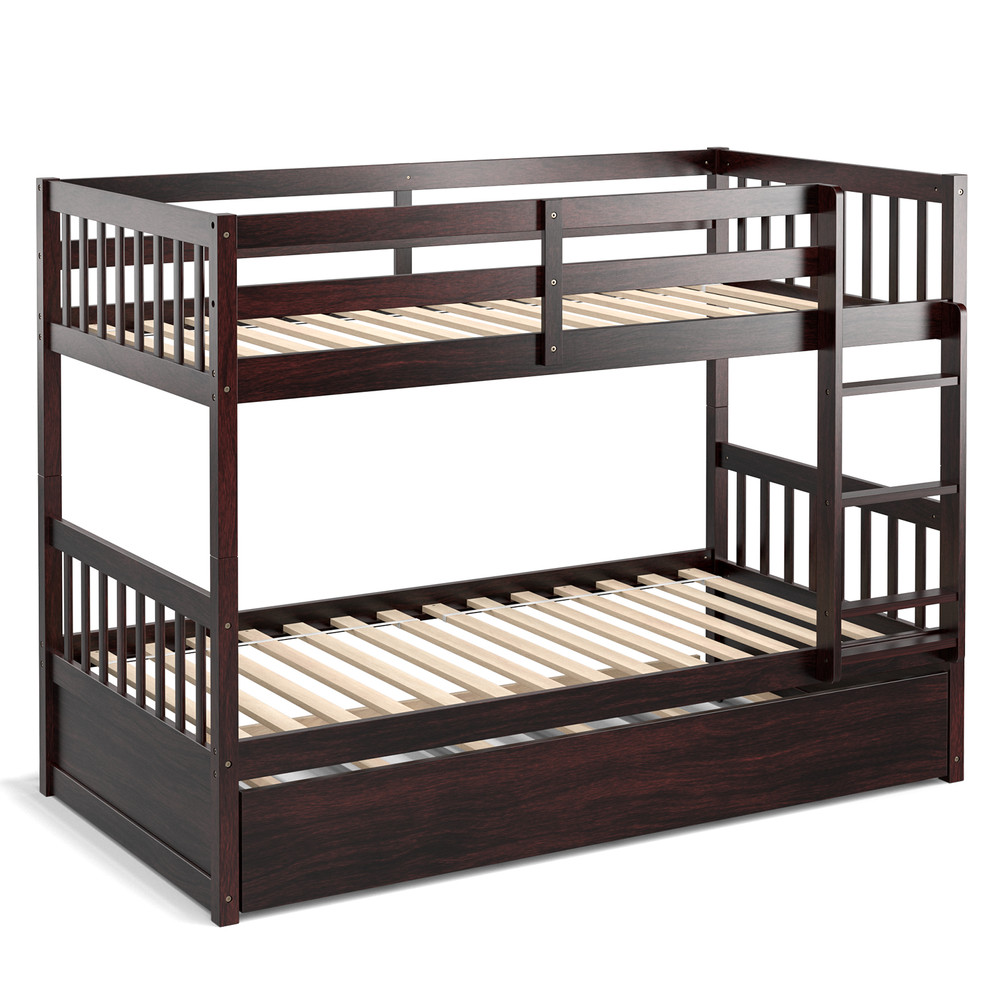 Twin Bunk Bed with Trundle Space-Saving Kids Bed with Built-In Ladder