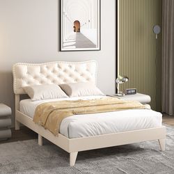 luxury full size bed frame nailhead headboard & wooden slats for stylish bedroom decor