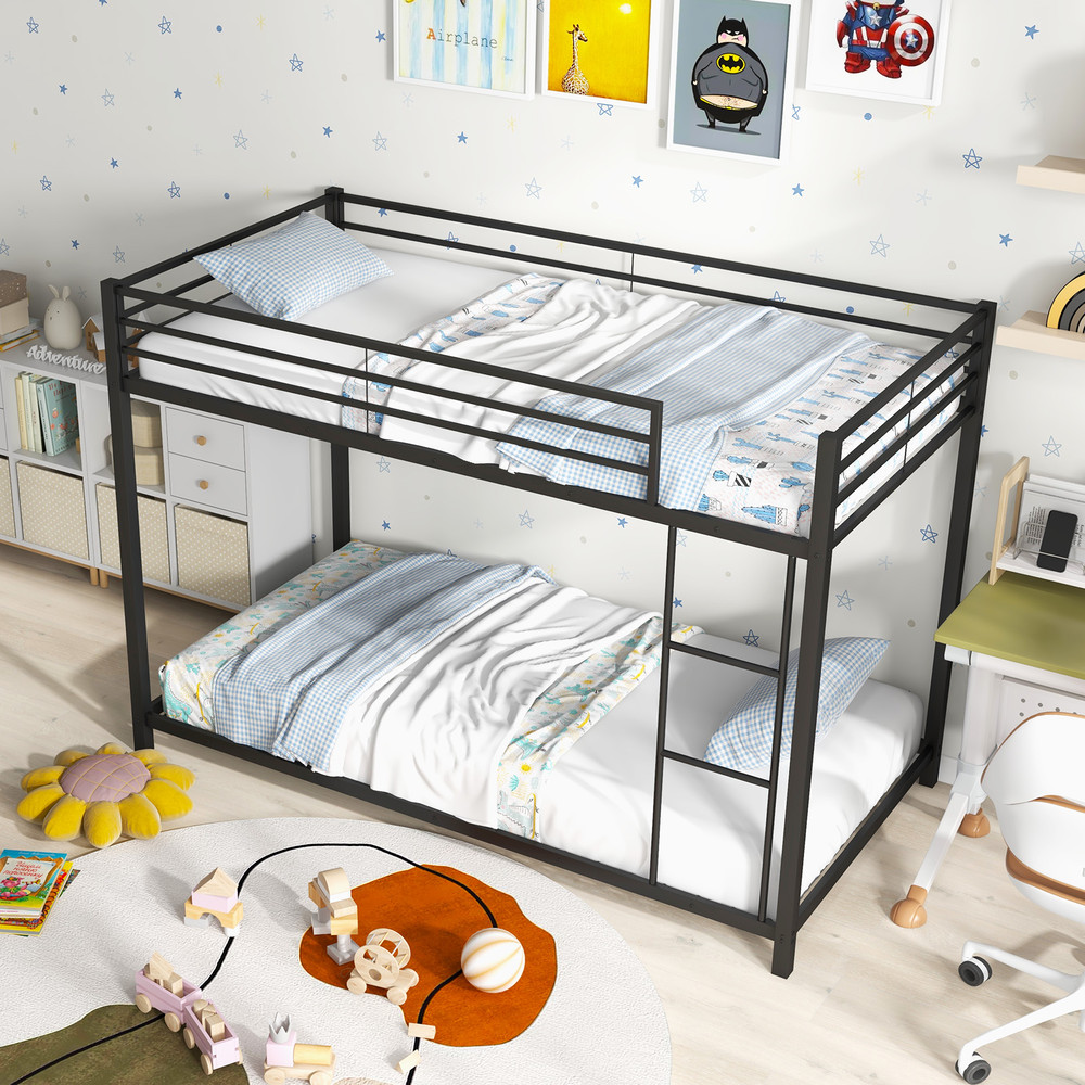 Low Profile Twin Over Twin Metal Bunk Bed With FullLength Guardrails SpaceSaving Sturdy 2