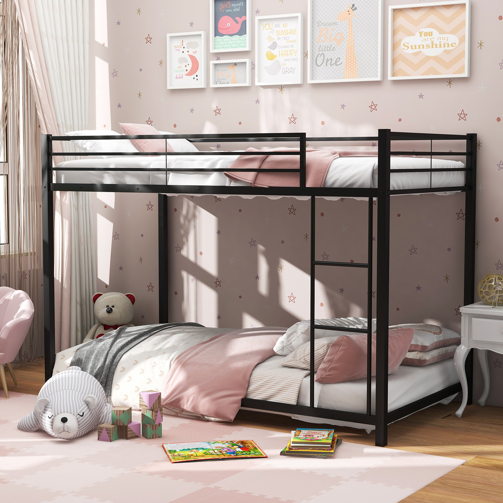 Low Profile Twin Over Twin Metal Bunk Bed With FullLength Guardrails SpaceSaving Sturdy 0
