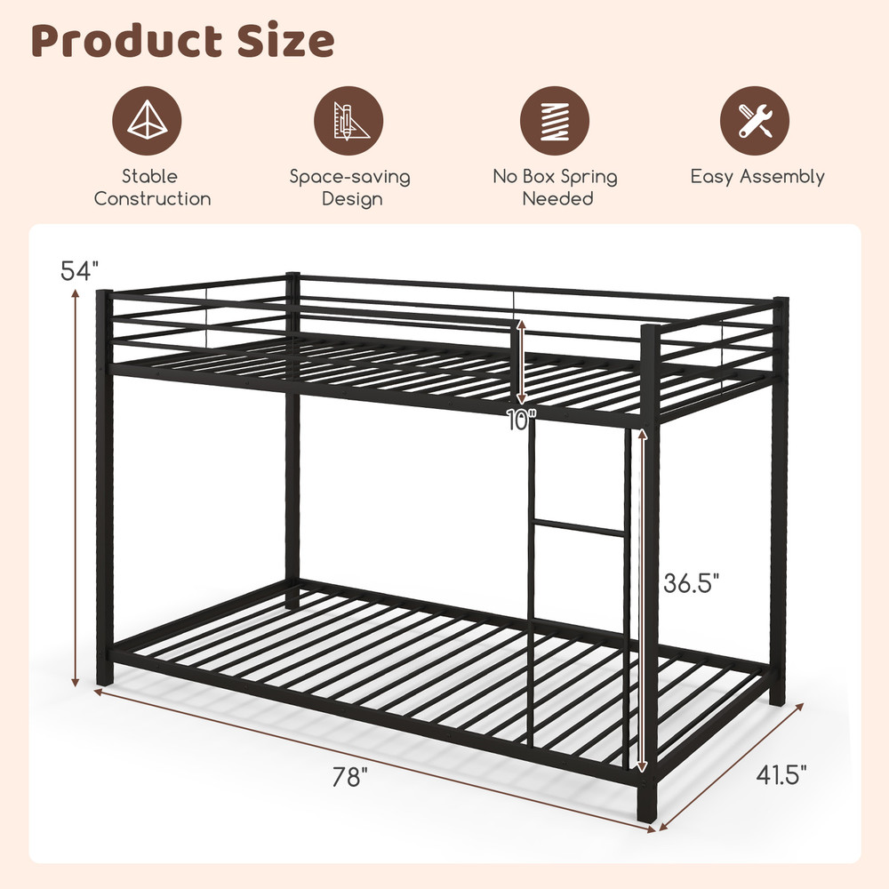 Low Profile Twin Over Twin Metal Bunk Bed With FullLength Guardrails SpaceSaving Sturdy 5