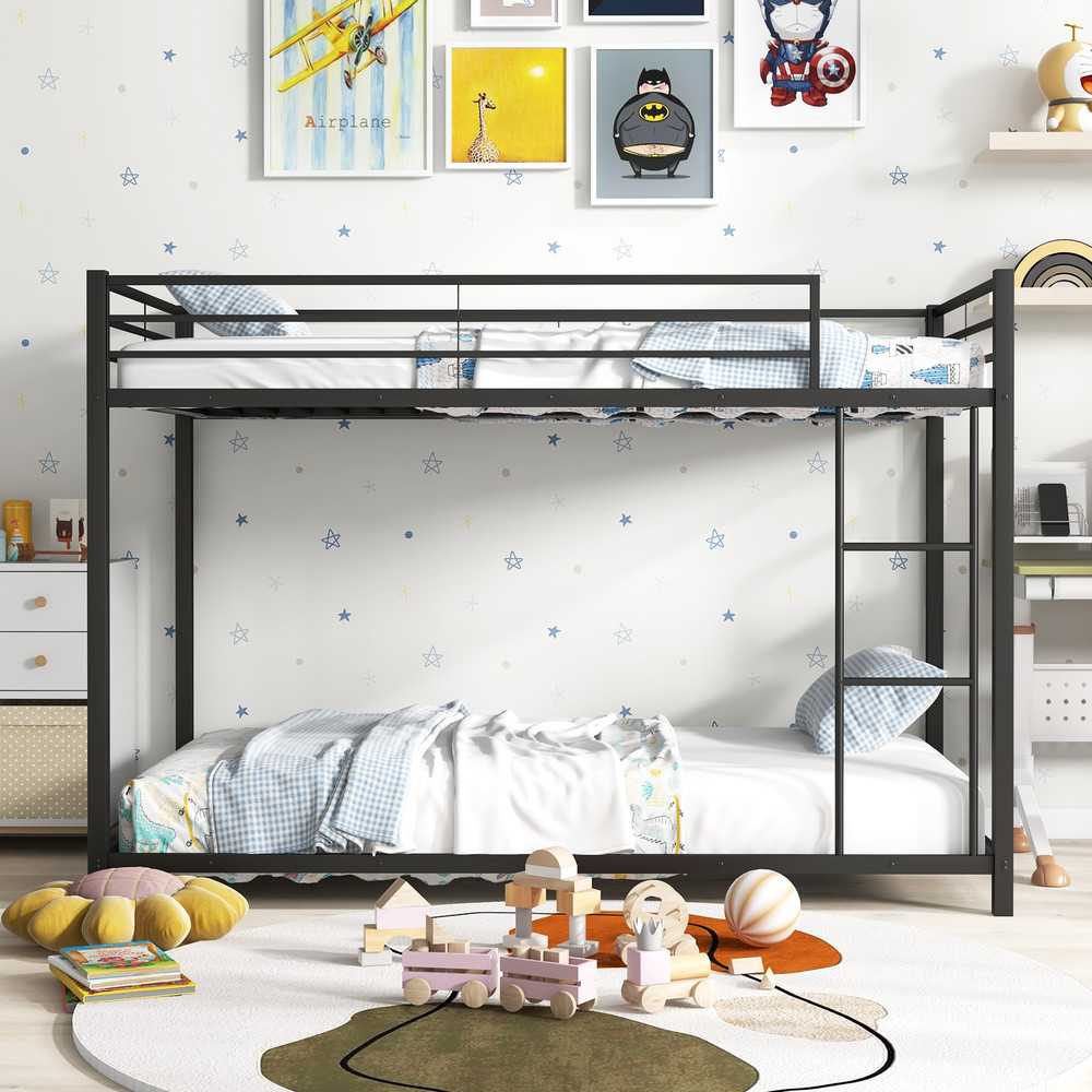 Low Profile Twin Over Twin Metal Bunk Bed With FullLength Guardrails SpaceSaving Sturdy 1